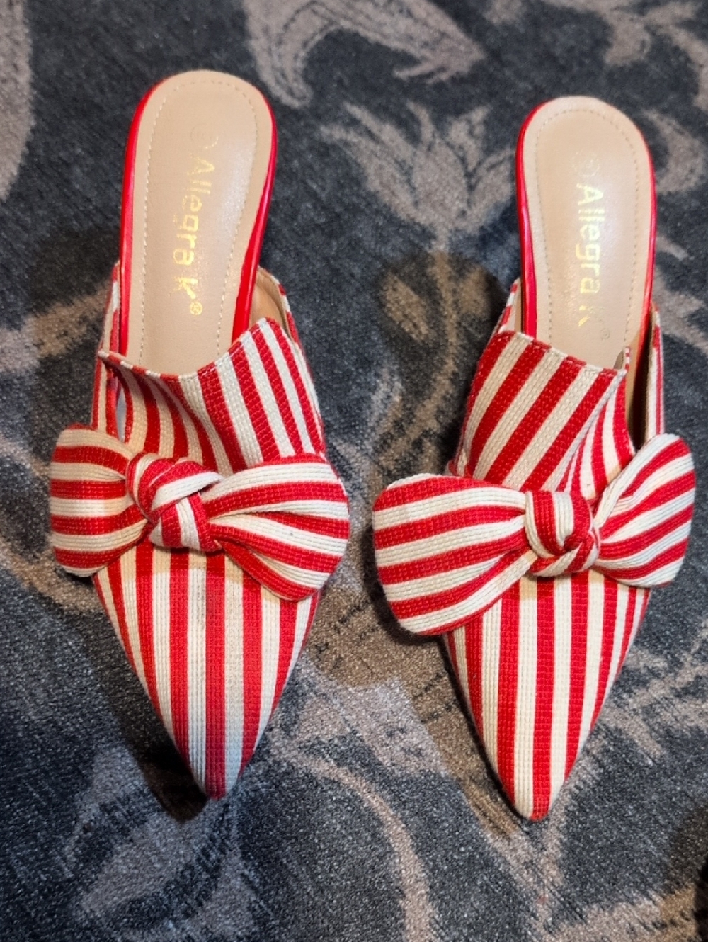 Allegra K Red and White Striped Pointed Slip-On Mules with Bow Accent